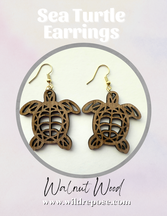 Walnut Wood Sea Turtle Earrings – Filigree Cut, Nickel-Free Hooks