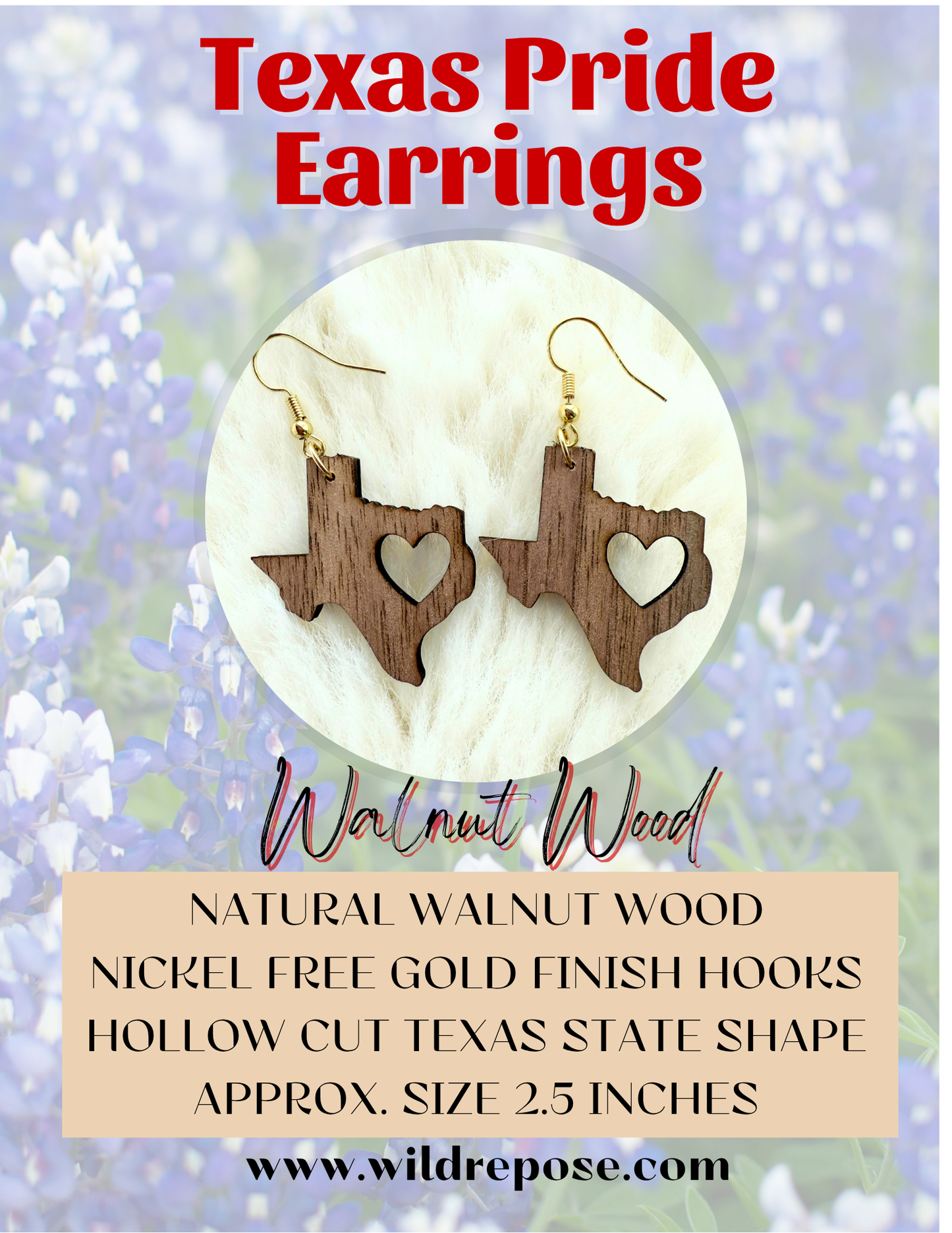Texas State Wooden Walnut Earrings with Heart Cutout – Lightweight Handmade Jewelry