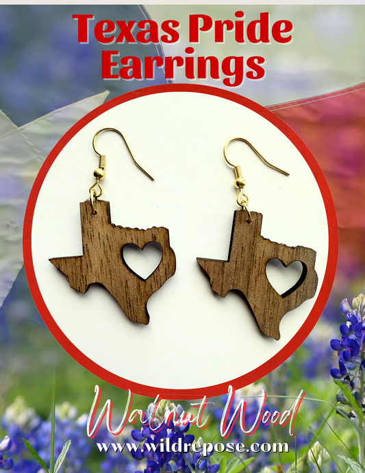 Texas State Wooden Walnut Earrings with Heart Cutout – Lightweight Handmade Jewelry