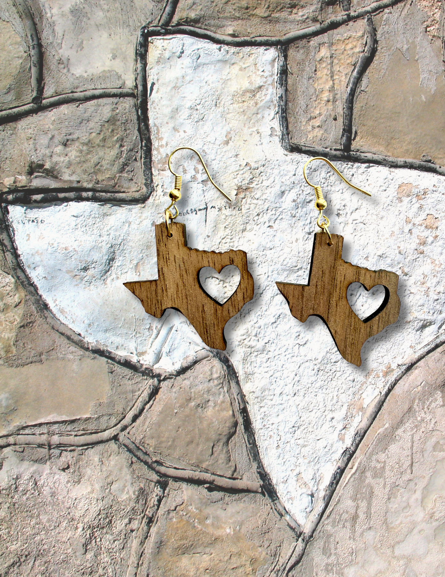 Texas State Wooden Walnut Earrings with Heart Cutout – Lightweight Handmade Jewelry