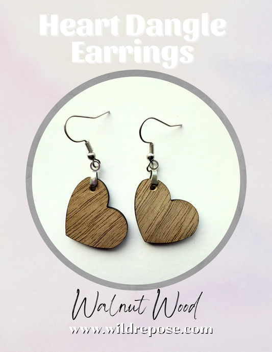 Walnut Wood Heart Earrings – Hypoallergenic Stainless Steel Hooks