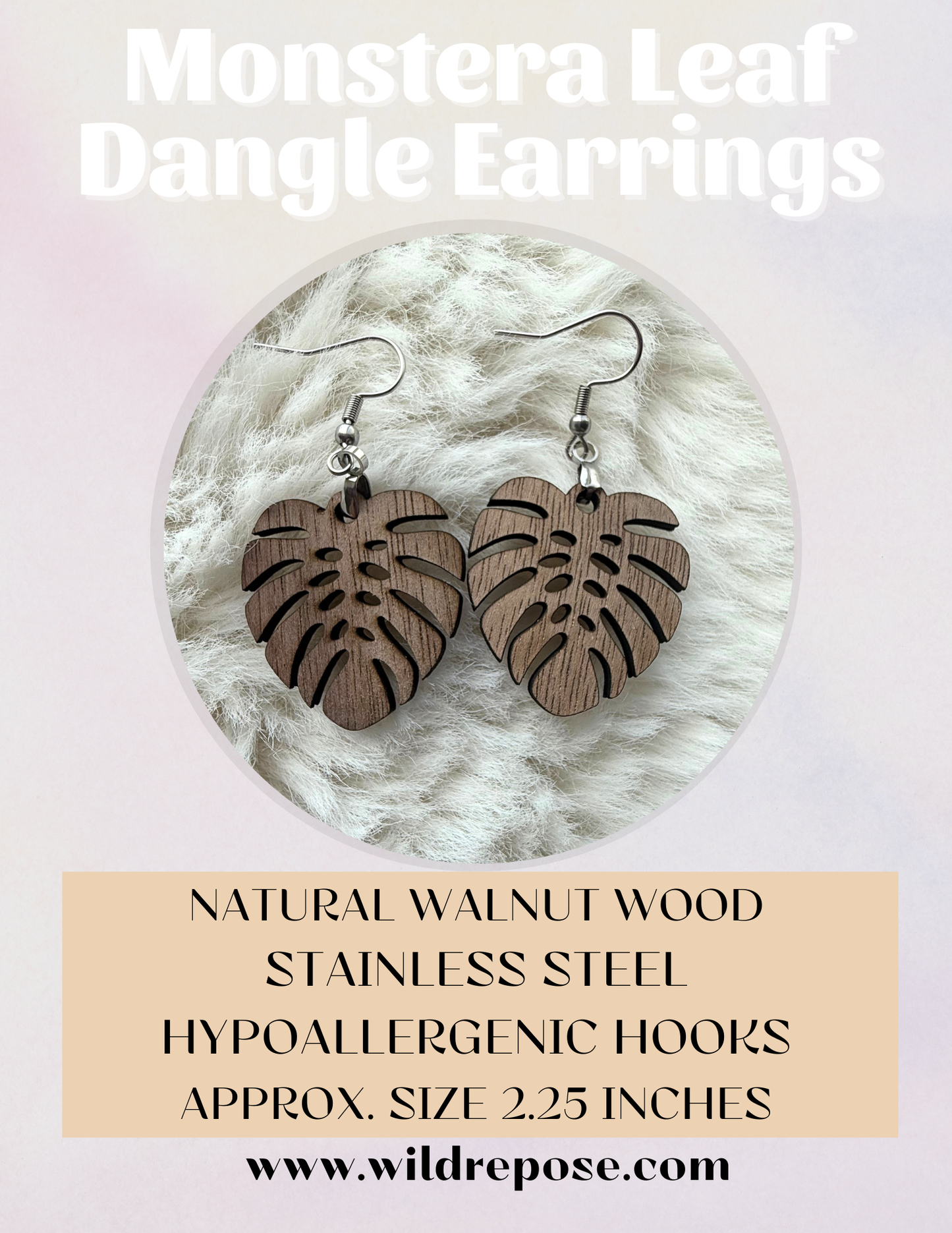 Monstera Leaf Walnut Wood Earrings – Hypoallergenic Stainless Steel Hooks