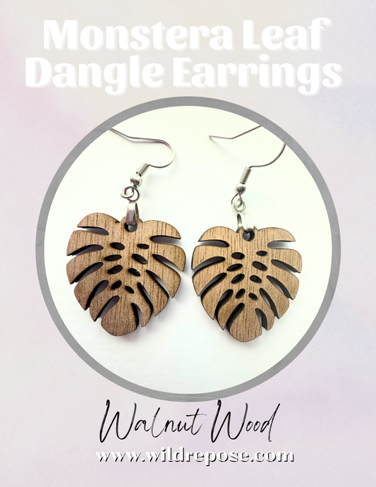 Monstera Leaf Walnut Wood Earrings – Hypoallergenic Stainless Steel Hooks